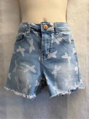 Girls' Light Blue butterfly Printed Denim Shorts with Frayed Hem Sz-12. A12‎
